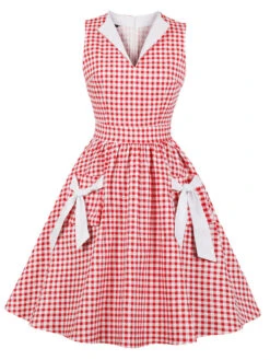 1950s Plaid Bow Pockets Lapel Dress -Retro Pulse Shop SCHL003869 P 2