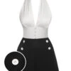 White & Black 1950s Deep-V Halter Romper 1 White & Black 1950s Deep-V Halter Romper -Retro Pulse Shop SCHL003874 01