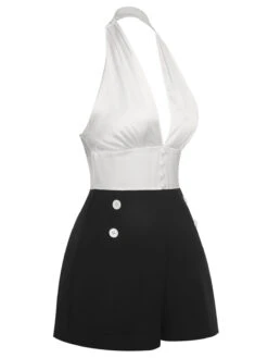 White & Black 1950s Deep-V Halter Romper -Retro Pulse Shop SCHL003874 2