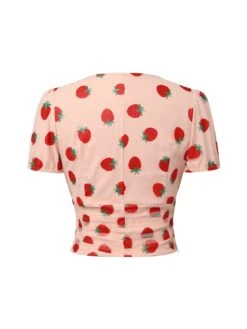Pink 1950s Strawberry Mesh V-Neck Top 12 Pink 1950s Strawberry Mesh V-Neck Top -Retro Pulse Shop SCHL003908 3