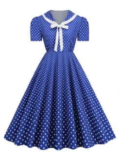 1950s Polka Dots Lapel Bowknot Swing Dress -Retro Pulse Shop SCHL003920 BL 1