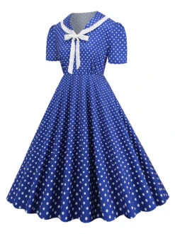 1950s Polka Dots Lapel Bowknot Swing Dress -Retro Pulse Shop SCHL003920 BL 2