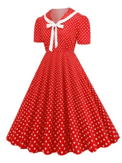 1950s Polka Dots Lapel Bowknot Swing Dress -Retro Pulse Shop SCHL003920 TR 1