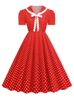 1950s Polka Dots Lapel Bowknot Swing Dress -Retro Pulse Shop SCHL003920 TR 3