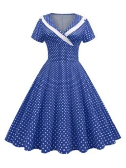 1950s V-Neck Polka Dots Swing Dress -Retro Pulse Shop SCHL003921 BL 1 compressed