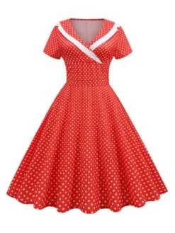 1950s V-Neck Polka Dots Swing Dress -Retro Pulse Shop SCHL003921 R 2 compressed
