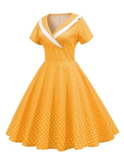 1950s V-Neck Polka Dots Swing Dress -Retro Pulse Shop SCHL003921 Y 2 compressed