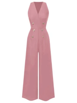[Pre-Sale] Pink 1950s Sleeveless Buttoned Solid Jumpsuit