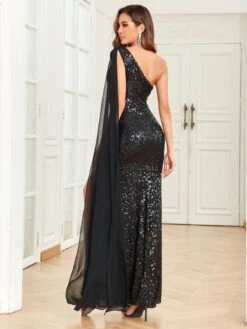 Black 1920s One-Shoulder Caped Sequined Dress -Retro Pulse Shop SCHL003947 B 1 3