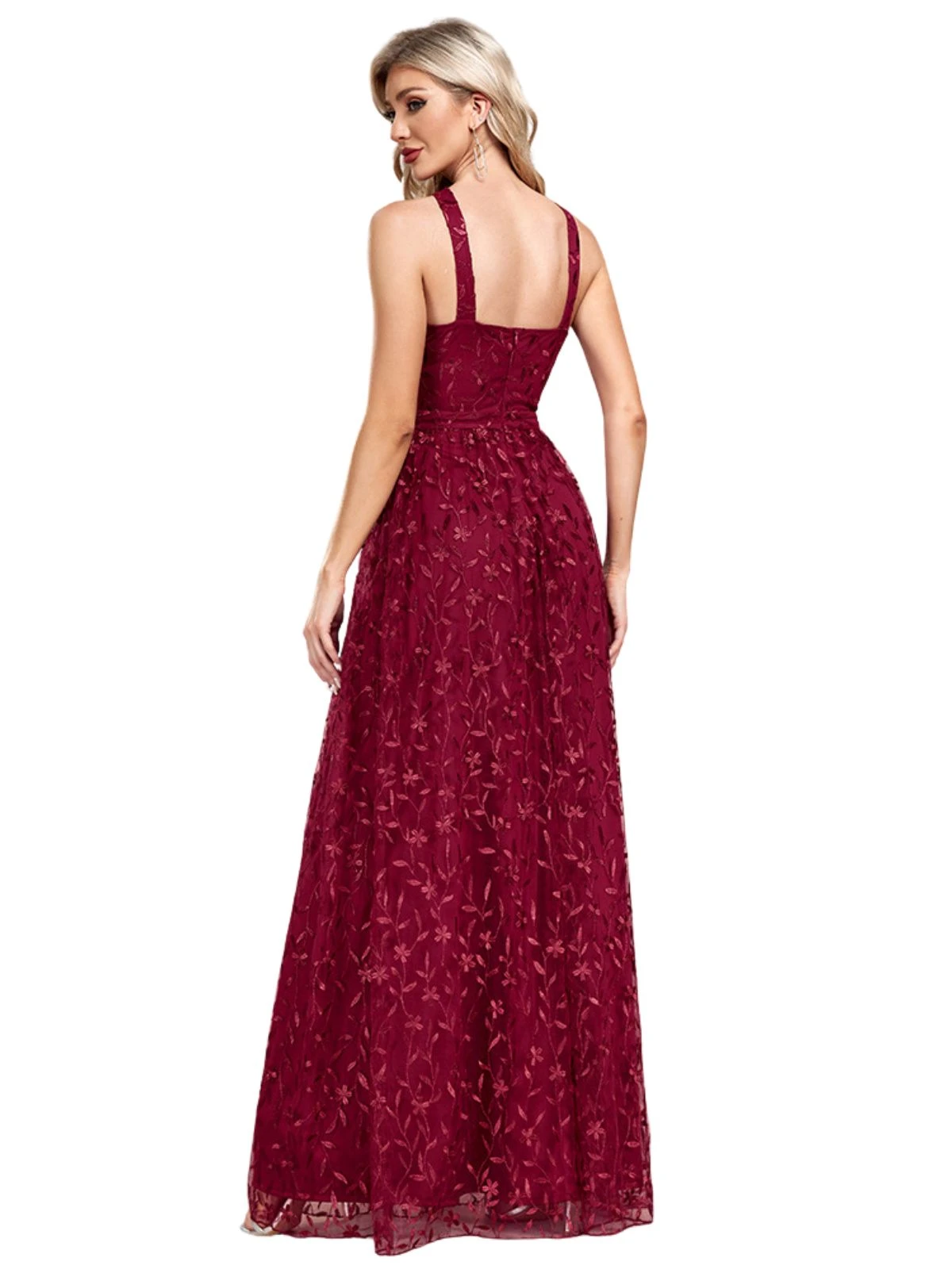 Wine Red 1920s Embroidered Mesh Maxi Dress 6 Wine Red 1920s Embroidered Mesh Maxi Dress - Image 4