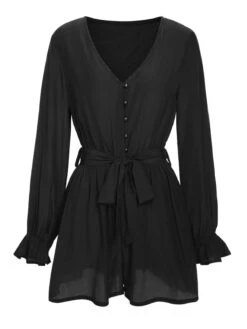 1950s Solid Ruffled Cuff V-Neck Romper -Retro Pulse Shop SCHL003955 2 2