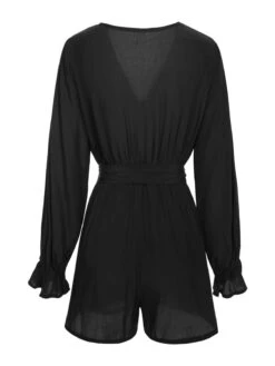 1950s Solid Ruffled Cuff V-Neck Romper -Retro Pulse Shop SCHL003955 2 4