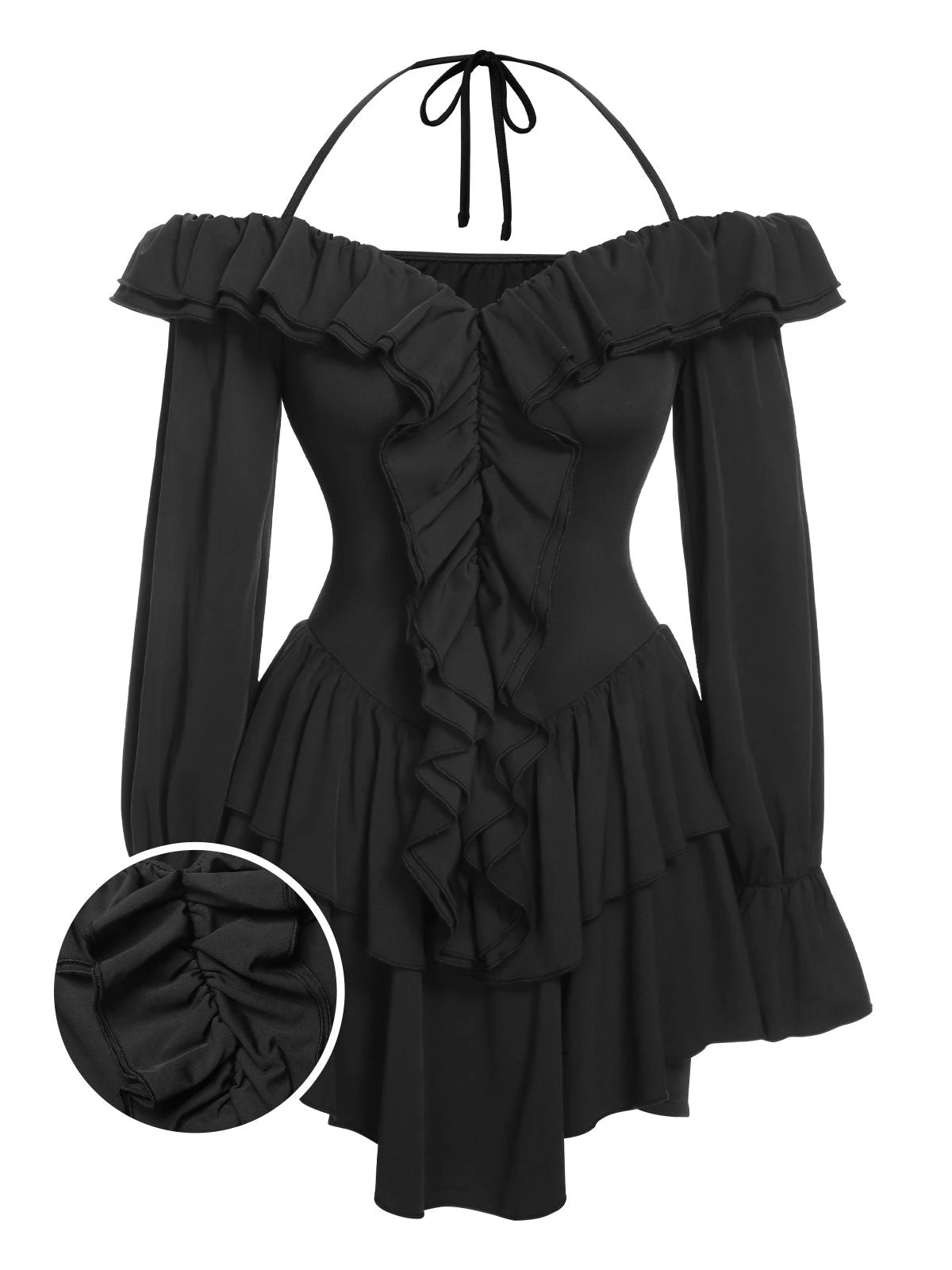 Black 1950s Solid Ruffle Off-Shoulder Romper 3 Black 1950s Solid Ruffle Off-Shoulder Romper