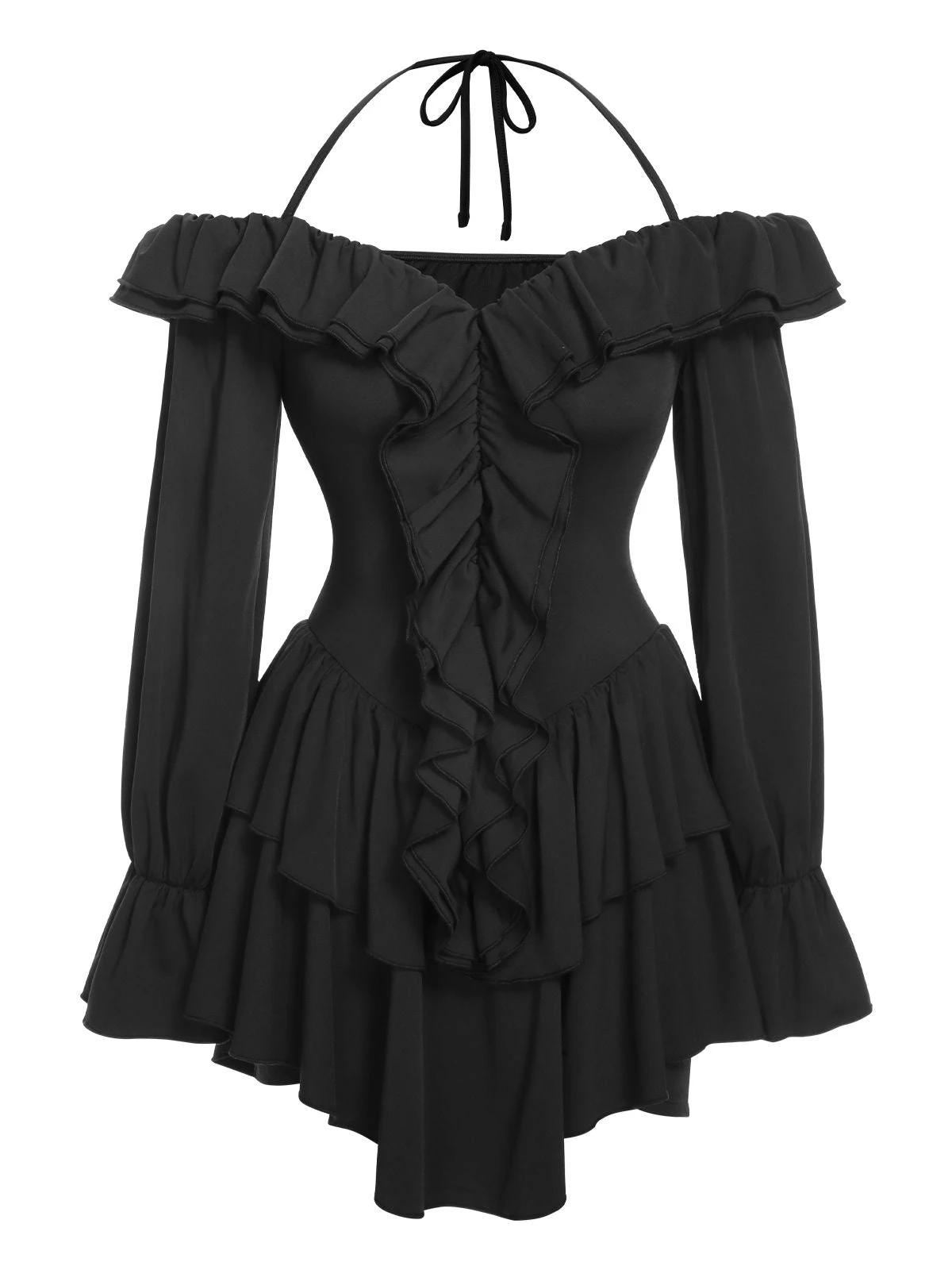 Black 1950s Solid Ruffle Off-Shoulder Romper 4 Black 1950s Solid Ruffle Off-Shoulder Romper - Image 2