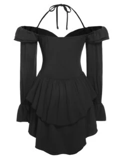 Black 1950s Solid Ruffle Off-Shoulder Romper 12 Black 1950s Solid Ruffle Off-Shoulder Romper -Retro Pulse Shop SCHL003956 4