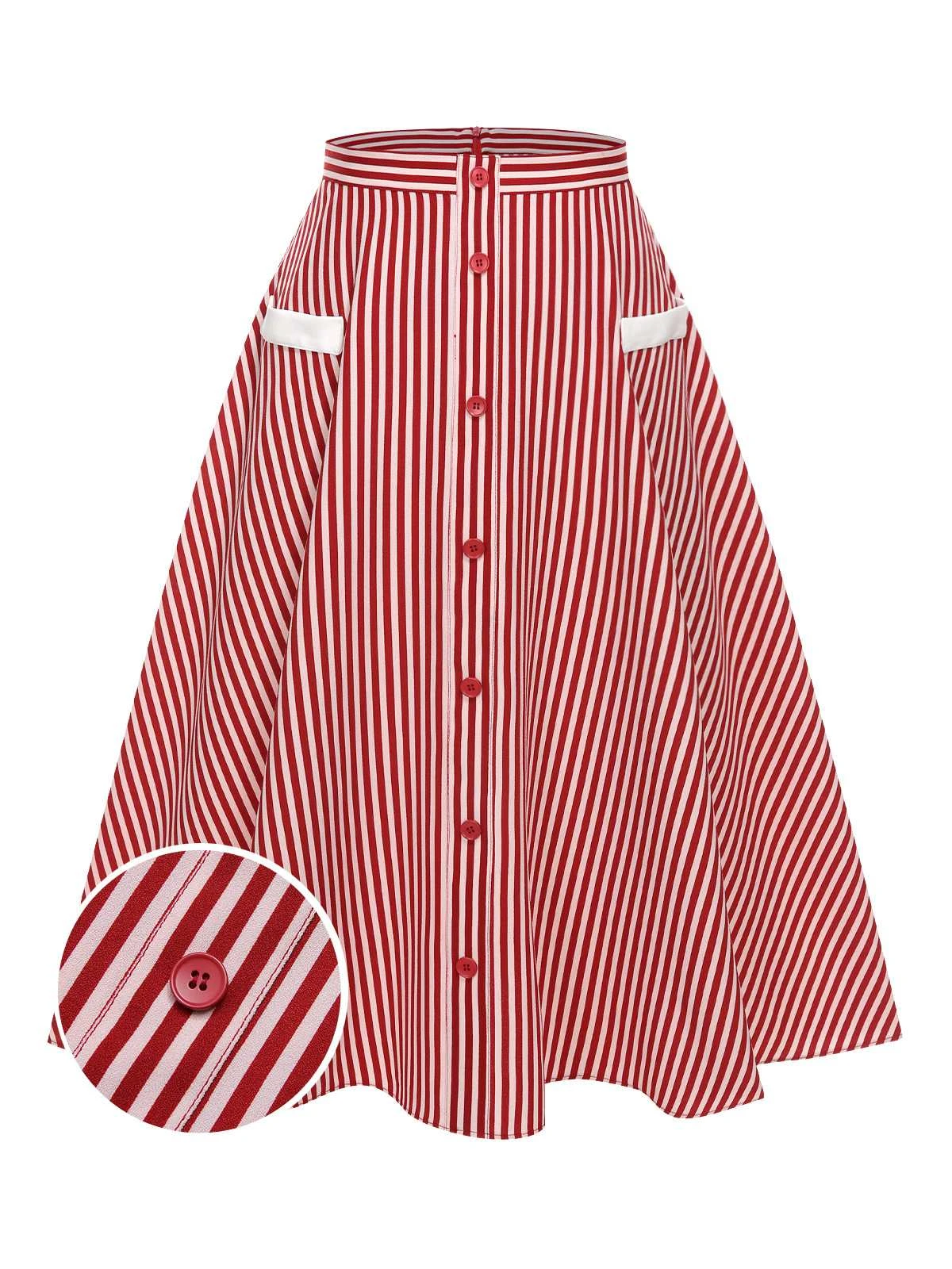 Red 1940s Buttoned Stripes Skirt 3 Red 1940s Buttoned Stripes Skirt