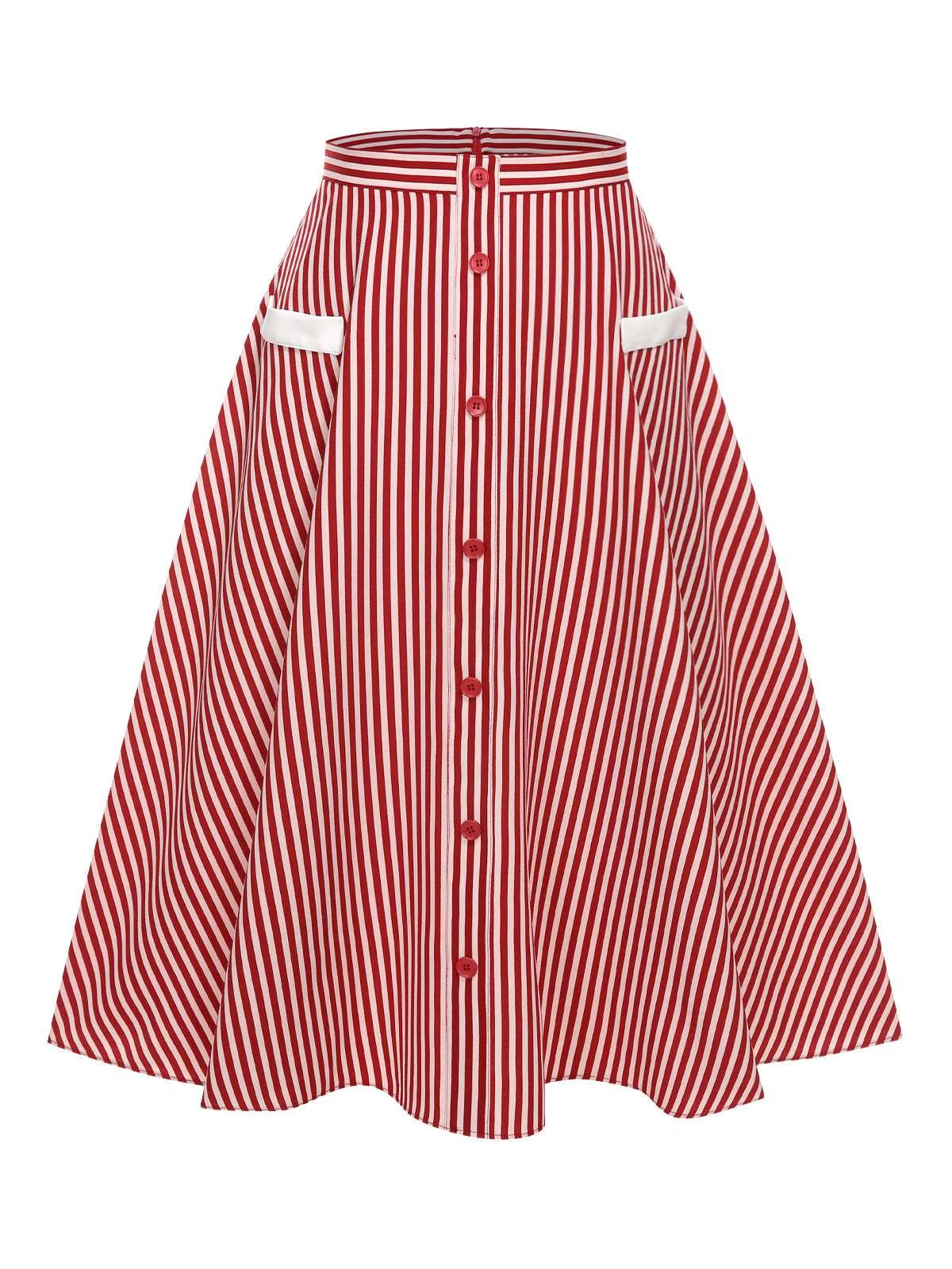 Red 1940s Buttoned Stripes Skirt 4 Red 1940s Buttoned Stripes Skirt - Image 2