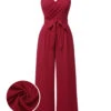 Red 1930s Solid Wasit Tie V-Neck Jumpsuit -Retro Pulse Shop SCHL003980 01