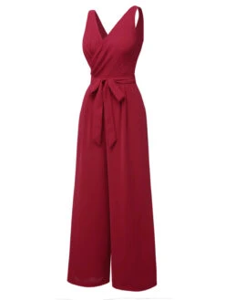 Red 1930s Solid Wasit Tie V-Neck Jumpsuit -Retro Pulse Shop SCHL003980 2