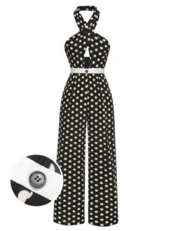 Black 1940s Polka Dots Cross Halter Jumpsuit