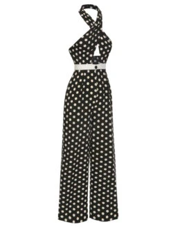 Black 1940s Polka Dots Cross Halter Jumpsuit -Retro Pulse Shop SCHL003981 2