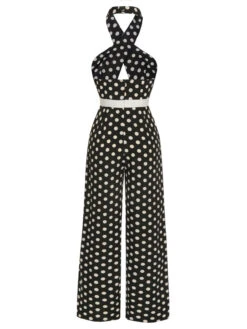 Black 1940s Polka Dots Cross Halter Jumpsuit -Retro Pulse Shop SCHL003981 3
