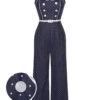 Dark Blue 1930s Polka Dots Straps Jumpsuit