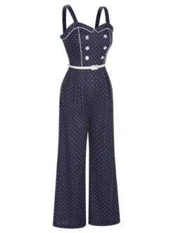 Dark Blue 1930s Polka Dots Straps Jumpsuit -Retro Pulse Shop SCHL003986 2