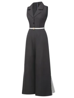 [Pre-Sale] Gray 1940s V-Neck Lapel Lace-Patchwork Jumpsuit -Retro Pulse Shop SCHL003987 2