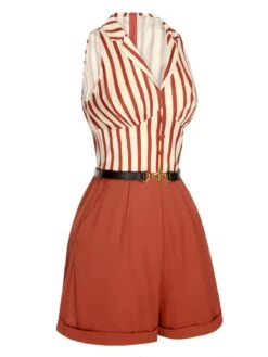 Brick Red 1940s Striped Lapel Romper -Retro Pulse Shop SCHL003988 2