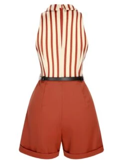 Brick Red 1940s Striped Lapel Romper -Retro Pulse Shop SCHL003988 3