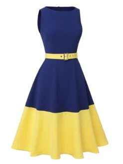 [Pre-Sale] Dark Blue & Yellow 1950s Solid Boat Neck Dress -Retro Pulse Shop SCHL003994 2