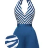[Pre-Sale] Blue 1940s Symmetrical Stripe V-Neck Halter Romper