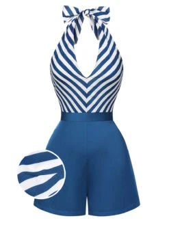 [Pre-Sale] Blue 1940s Symmetrical Stripe V-Neck Halter Romper