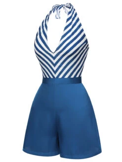 [Pre-Sale] Blue 1940s Symmetrical Stripe V-Neck Halter Romper -Retro Pulse Shop SCHL004006 2