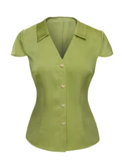 Green 1940s Satin V-Neck Buttons Shirt -Retro Pulse Shop SCHL004007 G