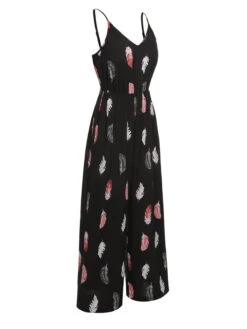 Black 1930s Feather Print Spaghetti Strap Jumpsuit -Retro Pulse Shop SCHL004014 3