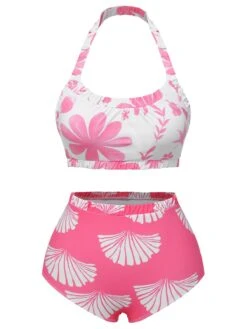 Pink 1930s Floral Elastic Gathers Halter Swimsuit