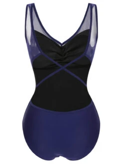 Deep Blue 1930s Solid Back Cross Swimsuit -Retro Pulse Shop SCHL004025 3