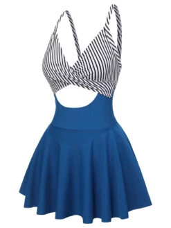 Multicolor 1930s Stripe Skirted One-piece Swimsuit -Retro Pulse Shop SCHL004027 2