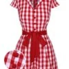Red 1940s Lapel Plaids Belted Romper 2 Red 1940s Lapel Plaids Belted Romper -Retro Pulse Shop SCHL004034 01 compressed