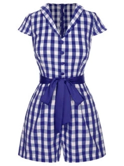 Red 1940s Lapel Plaids Belted Romper -Retro Pulse Shop SCHL004034 1