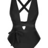 Black 1960s Solid Deep V-Neck Bandage Swimsuit -Retro Pulse Shop SCHL004043 1