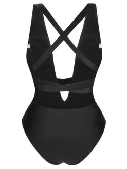Black 1960s Solid Deep V-Neck Bandage Swimsuit -Retro Pulse Shop SCHL004043 3