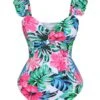 Multicolor 1960s Tropical Plants Ruffles Swimsuit 2 Multicolor 1960s Tropical Plants Ruffles Swimsuit -Retro Pulse Shop SCHL004049 1