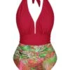 Red 1930s Tropical Plants One-Piece Swimsuit -Retro Pulse Shop SCHL004052 1