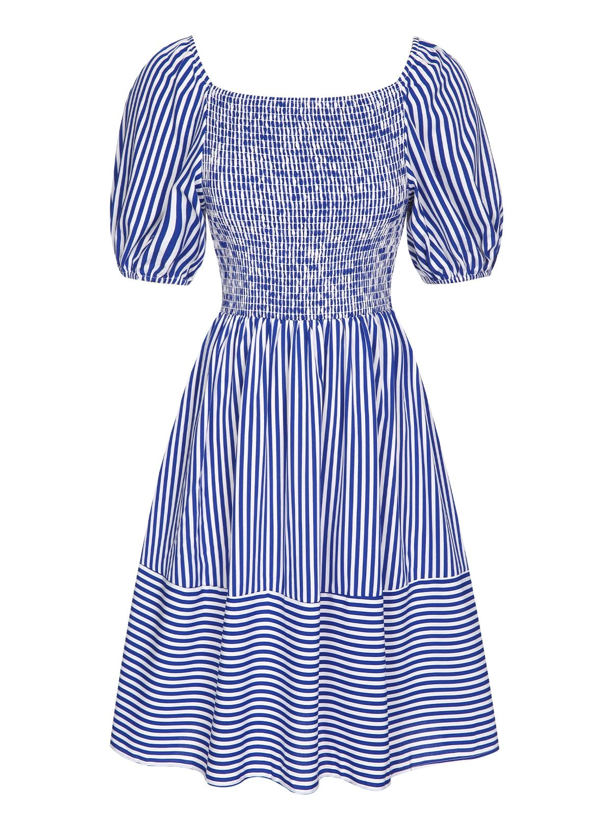 Blue 1950s Striped Raglan Square Neck Smocked Dress 4 Blue 1950s Striped Raglan Square Neck Smocked Dress - Image 2