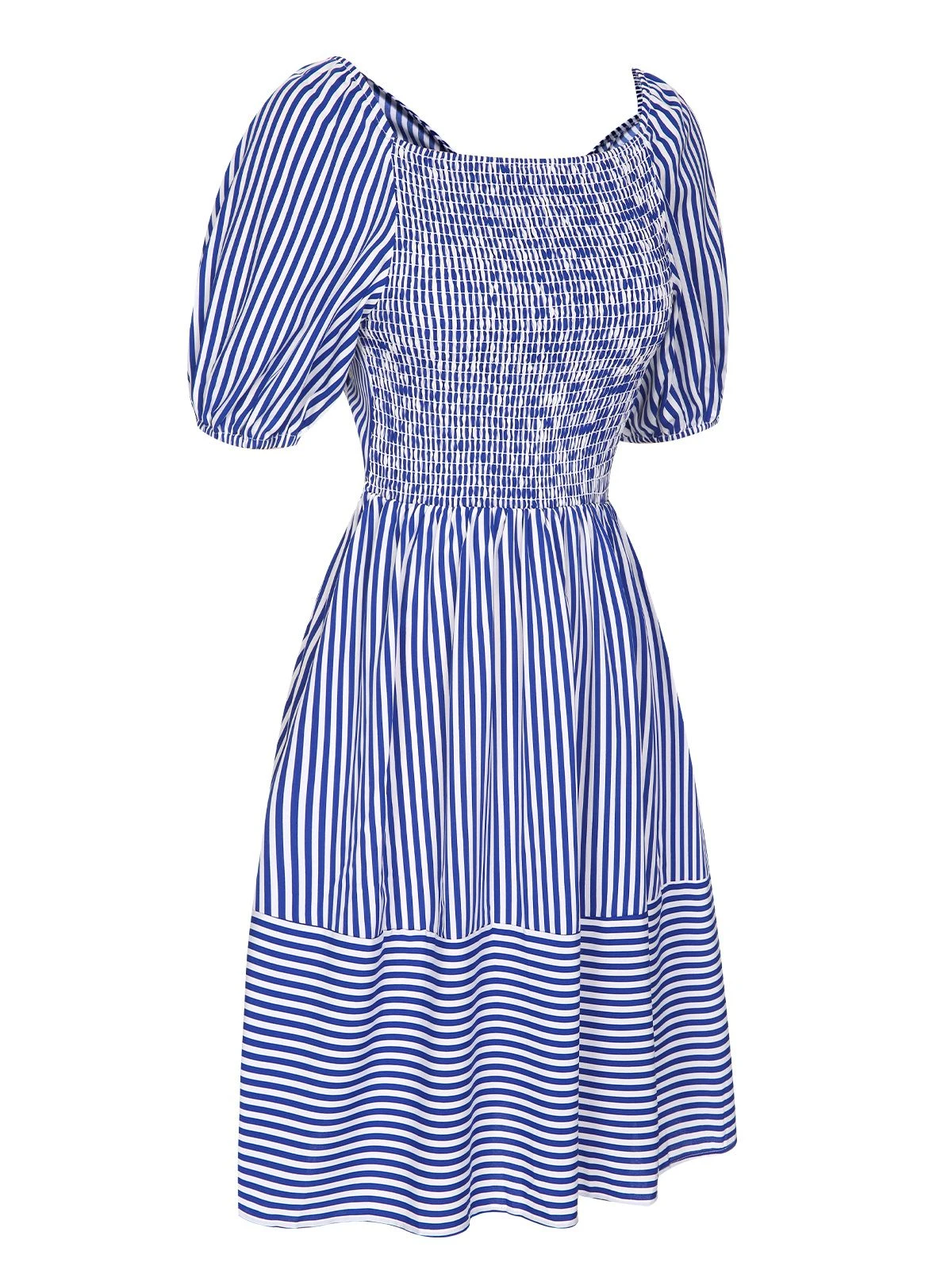 Blue 1950s Striped Raglan Square Neck Smocked Dress 5 Blue 1950s Striped Raglan Square Neck Smocked Dress - Image 3