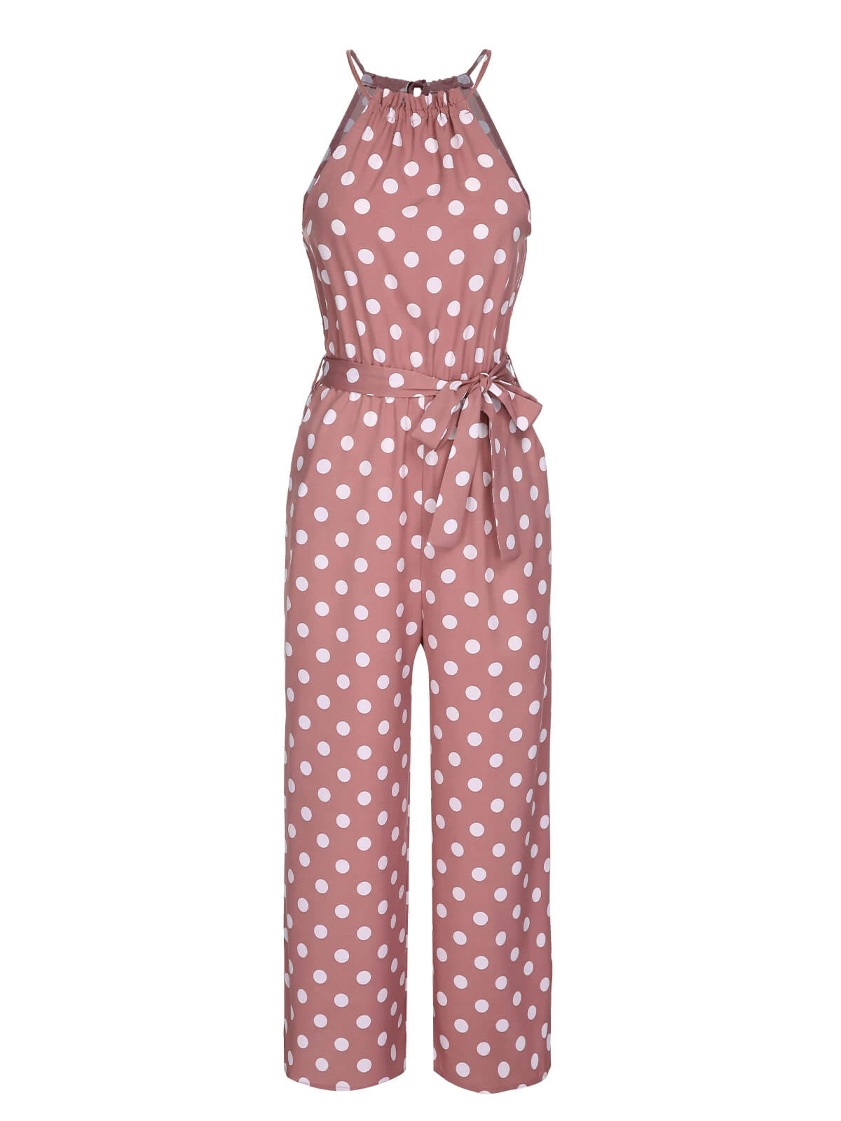 Pink 1930s Polka Dots Drawstring Halter Jumpsuit 3 Pink 1930s Polka Dots Drawstring Halter Jumpsuit