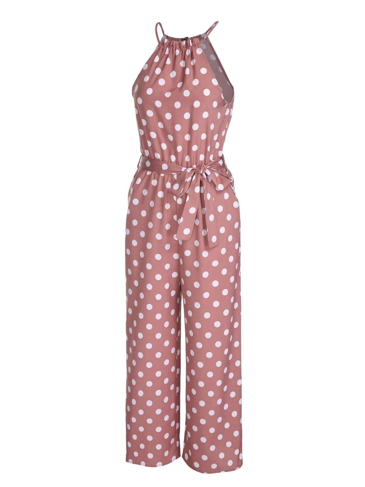 Pink 1930s Polka Dots Drawstring Halter Jumpsuit 4 Pink 1930s Polka Dots Drawstring Halter Jumpsuit - Image 2